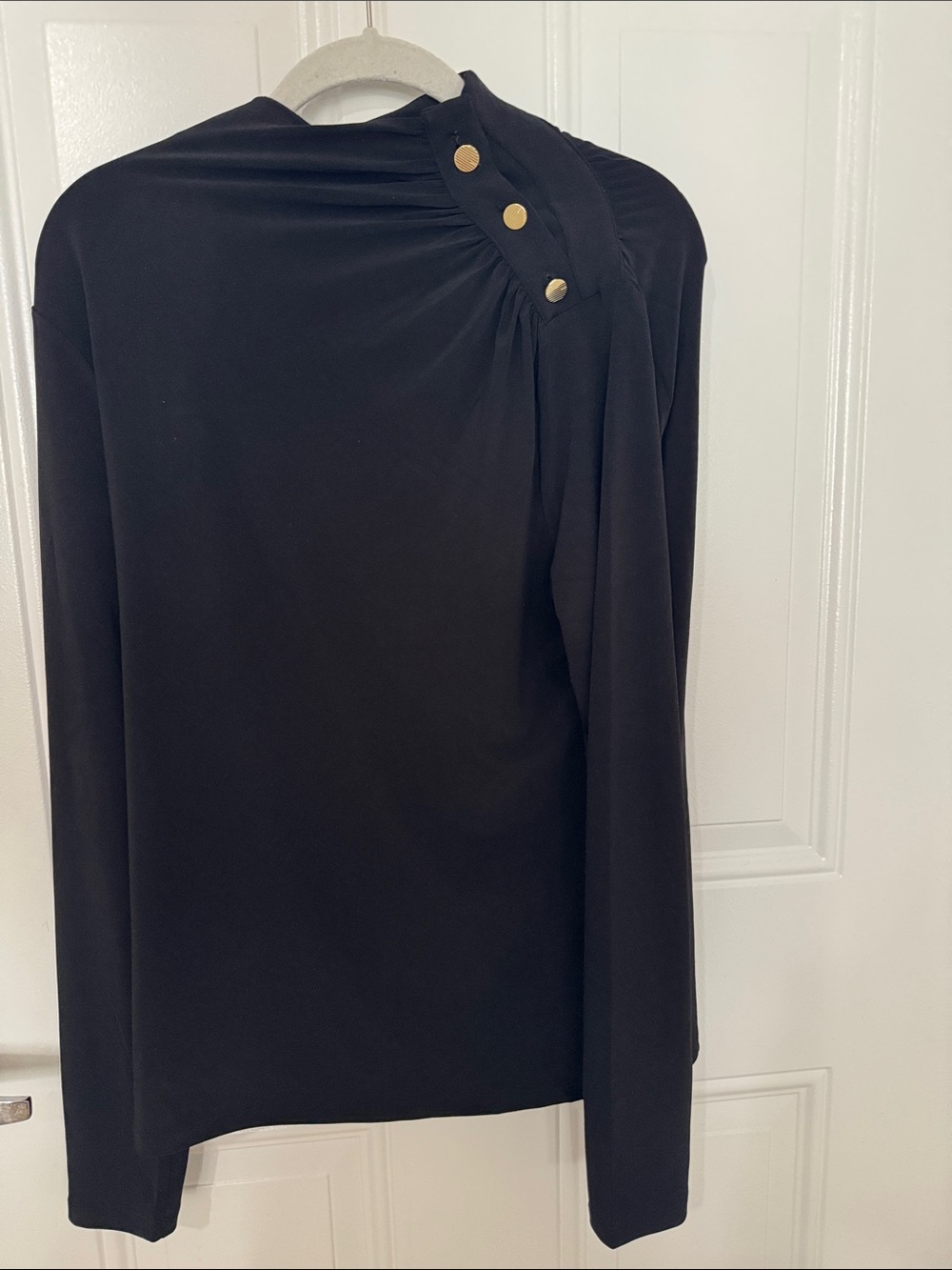 DKNY Black Long-Sleeve Blouse with Gold Button Accents